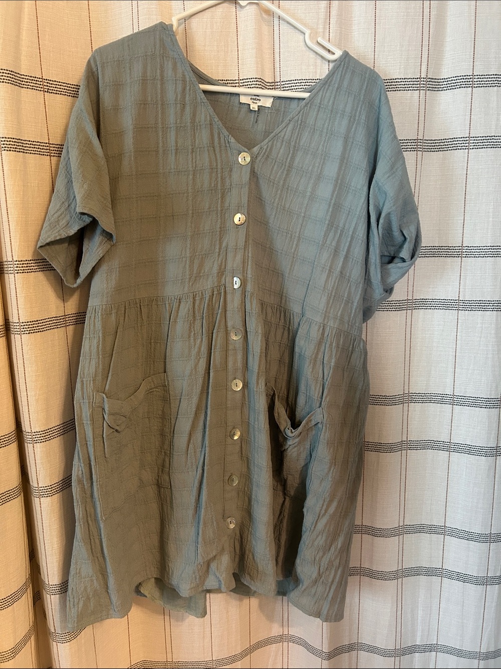 Light Sage Button-Front Cotton Tunic Dress